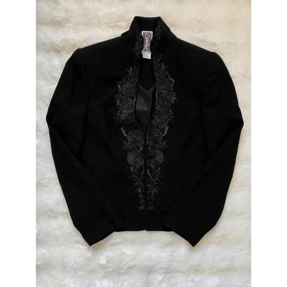 Vintage Black with Beaded Floral Lapel Snap Button Jacket/Blazer Size 8 - Picture 4 of 7